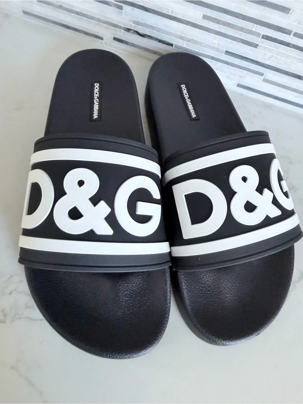 New Men’s  D&G Dolce & Gabbana Black & White Logo Slide Sandals size 9